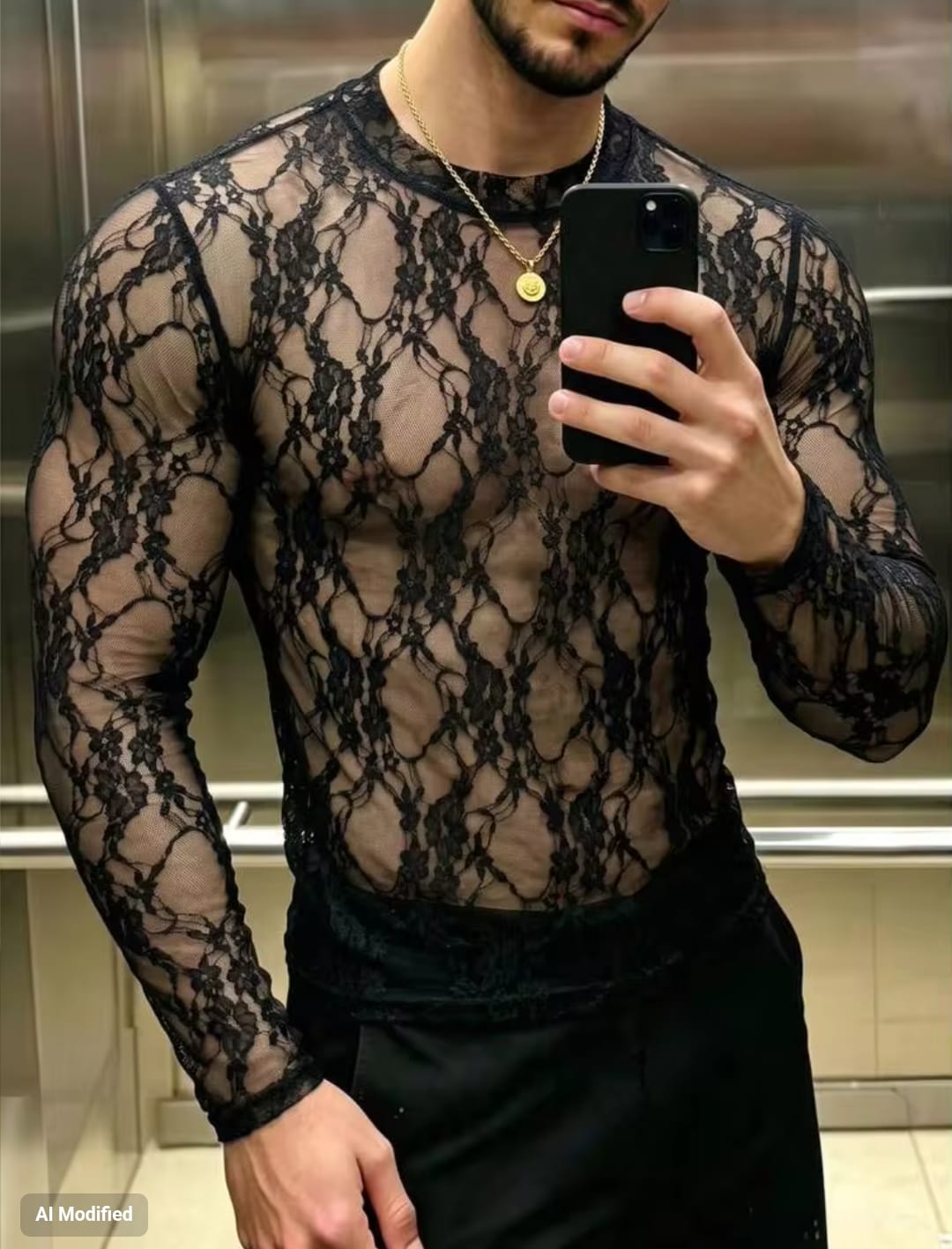 Men's High-Stretch Sheer Floral Lace Crewneck Long Sleeve Fitted T-Shirt